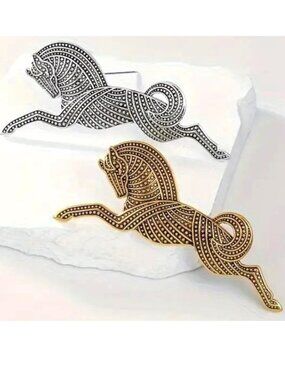 Horse Brooch  Art Deco Style Textured Trojan Gold Silver Glam Egyptian Trendy